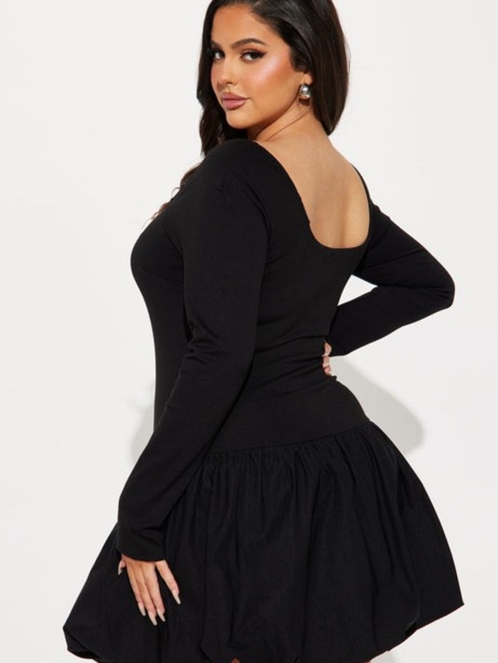 Sweet Girl Long Sleeve Bubble Mini Dress - BlackScoop-Back Fit-and-Flare Dress